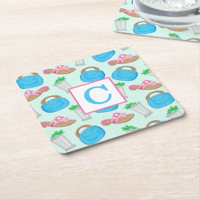 Derby Mint Julep Preppy Monogram Square Paper Coaster (Angled)