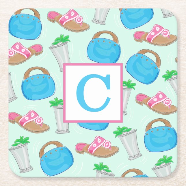 Derby Mint Julep Preppy Monogram Square Paper Coaster (Front)