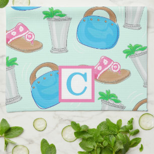 Derby Mint Julep Preppy Monogram Tea Towel