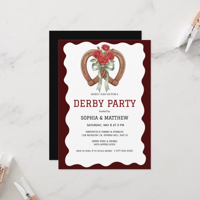 Derby Party Invitation Rustic Horseshoe Roses (Front/Back In Situ)