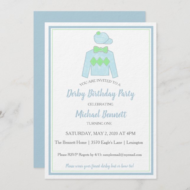 Derby Party Invitation w\ Watercolor Jockey Silks (Front/Back)