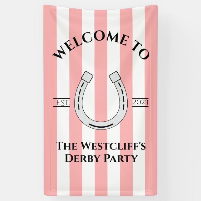 Derby Party Pink Stripe Horseshoe Vertical Welcome Banner (Vertical)