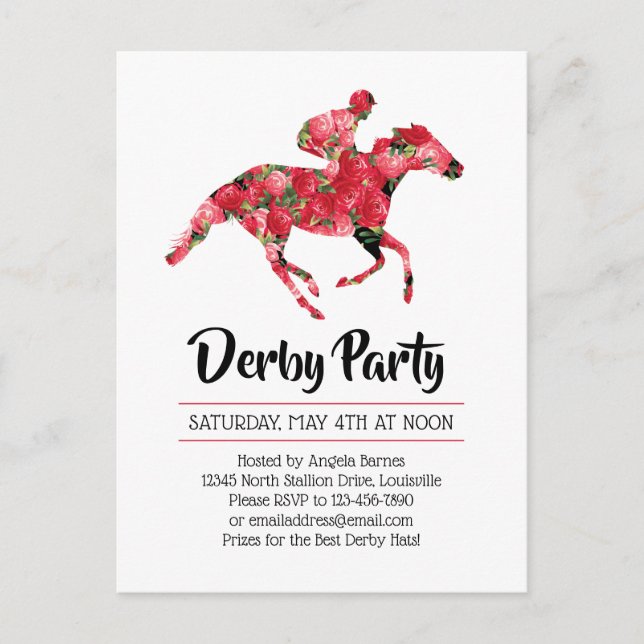 Derby Party Red Roses Racehorse Invitation Postcard (Front)