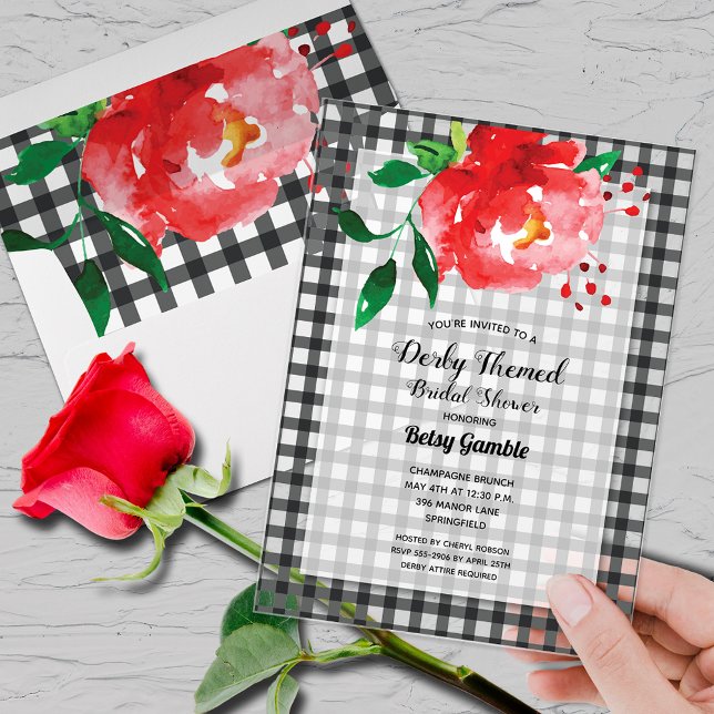 Derby Rose Gingham Bridal Shower Acrylic Invitations (Derby-themed bridal shower clear acrylic invitations with red rose on black and white gingham)