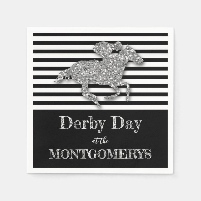 Derby Silver Racehorse Black and White Stripes Napkin (Front)