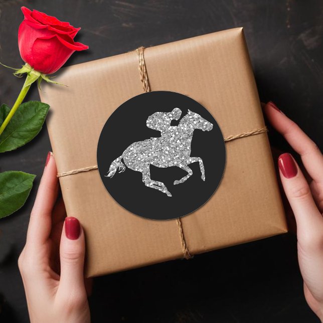 Derby Silver Racehorse on Black Classic Round Sticker (Silver glitter racehorse Derby black round stickers)