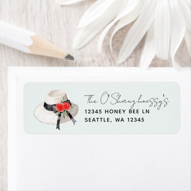 Derby Style Hat Roses Bridal Shower Return Address Label (Insitu)