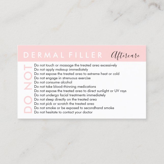 Dermal Filler Avoids Advices Aftercare Business Card (Back)