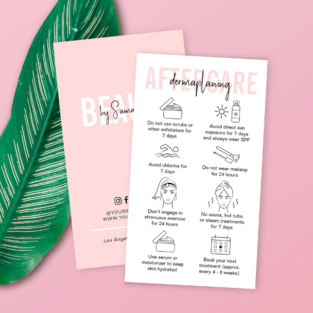 Dermaplaning Aftercare Guide Pink Cosmetologist Business Card (Modern dermaplaning facial treatment aftercare cards in pink and white with care icons)