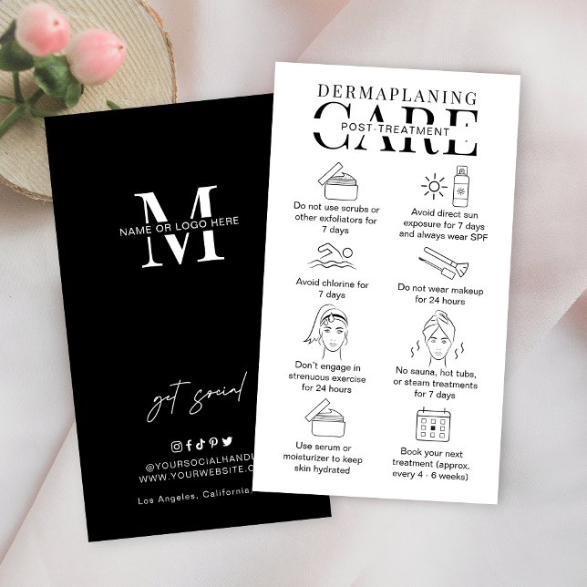 Dermaplaning Aftercare Instructions Minimal Salon Business Card (Minimalist dermaplaning care cards with icons, space for your logo and minimalist design)