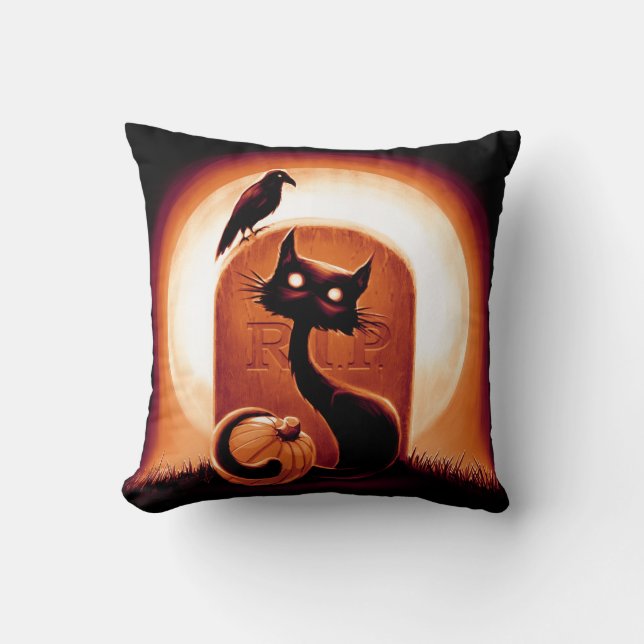 Derpy Halloween Cat by a Tombstone Cushion (Front)