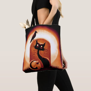 Derpy Halloween Cat by a Tombstone Tote Bag