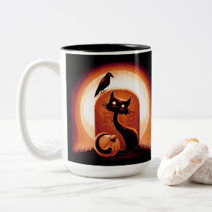Derpy Halloween Cat by a Tombstone Two-Tone Coffee Mug