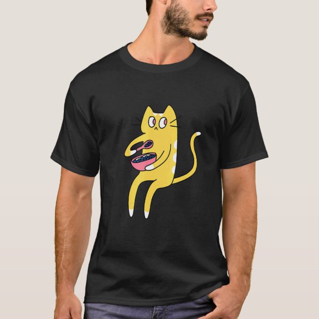 Derpy Kitty Yellow and White Cat Eating Cereal T-Shirt (Front)