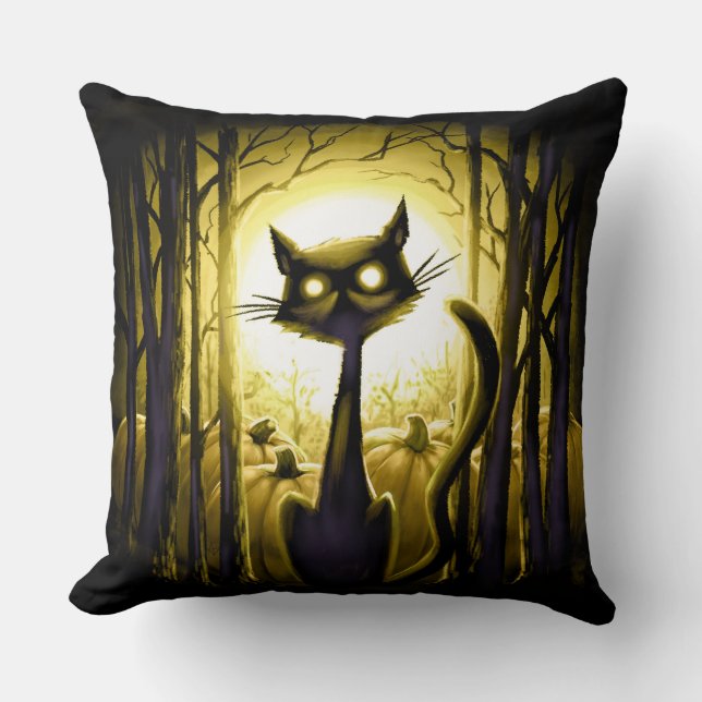Derpy Little Halloween Cat in a Pumpkin Patch Cushion (Front)