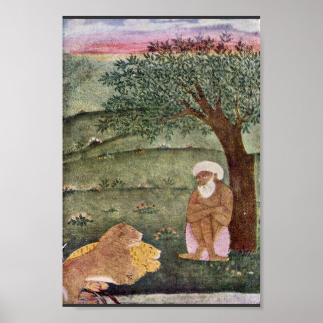 Dervish With A Lion And A Tiger. Mughal Painting. Poster (Front)