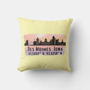 Des Moines IA City Skyline Latitude and Longitude  Cushion