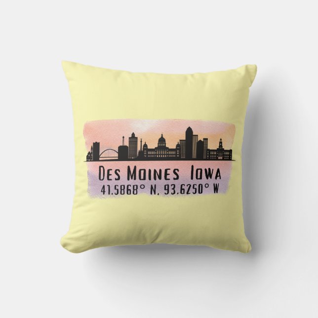 Des Moines IA City Skyline Latitude and Longitude  Cushion (Front)