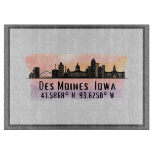 Des Moines IA City Skyline Latitude and Longitude Cutting Board