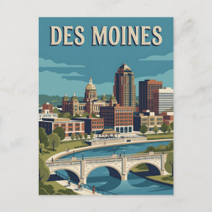 Des Moines Iowa Riverfront Skyline Vintage Poster Postcard