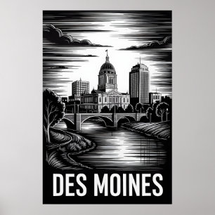 Des Moines Iowa Skyline Black White Woodcut Poster