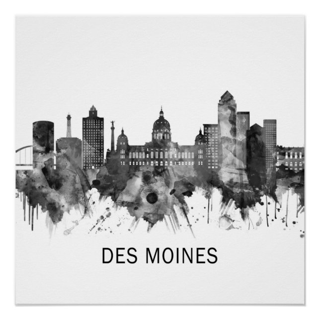 Des Moines Iowa Skyline BW Poster (Front)