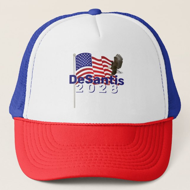 DeSantis 2028 Text on American Flag  Trucker Hat (Front)