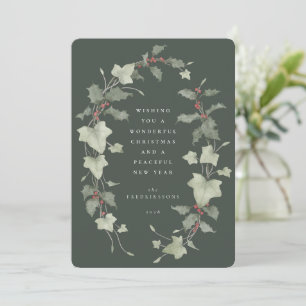 Desaturated Green Watercolor Holly & Ivy Holiday Card