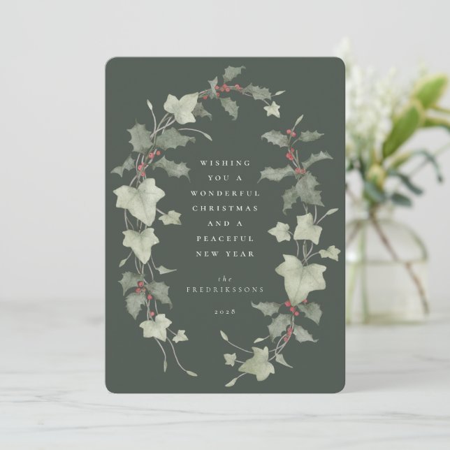 Desaturated Green Watercolor Holly & Ivy Holiday Card (Standing Front)