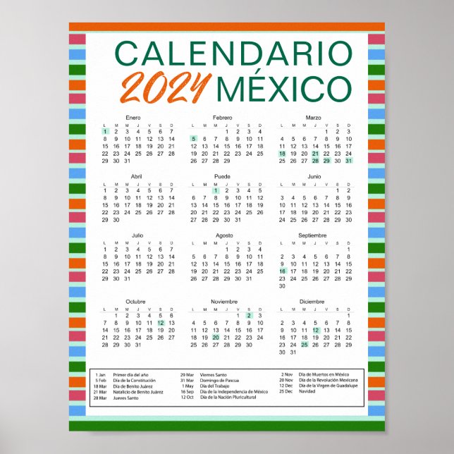 Descargar Calendario Mexicano Español  2024 México Poster (Front)