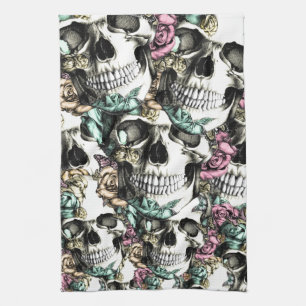 Descending rose skulls with butterflies. tea towel