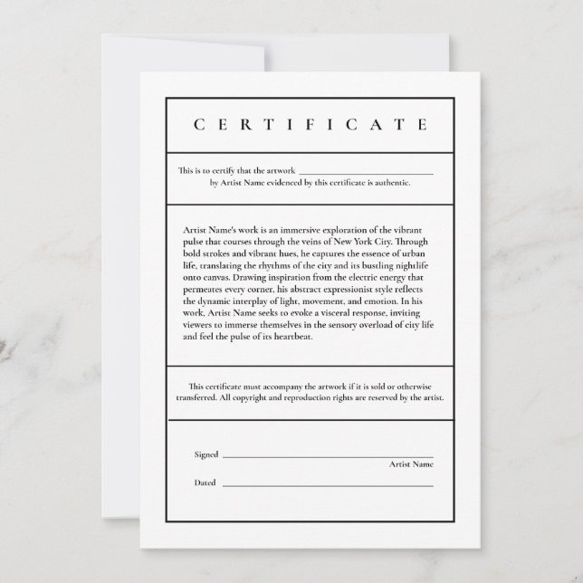 Descriptive Modern Certificate of Authenticity Thank You Card (Front)