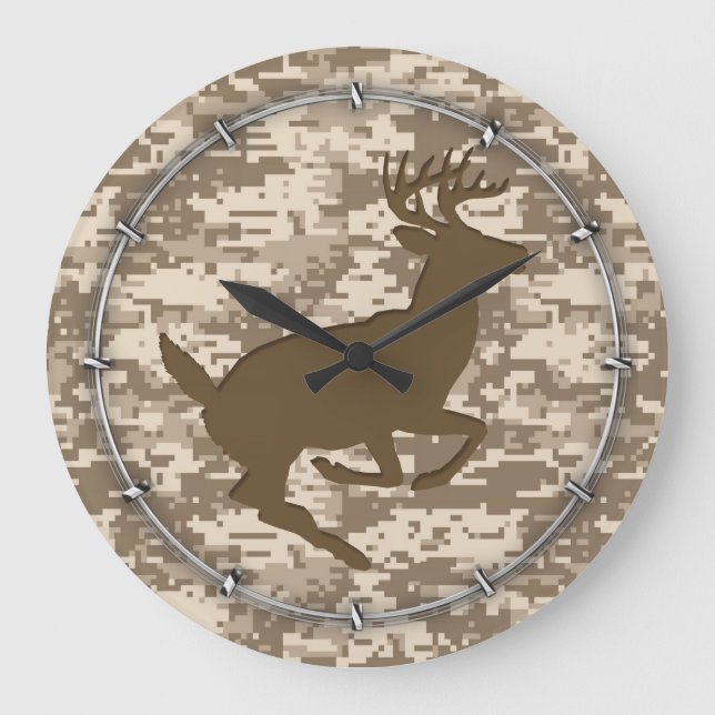 Desert Beige Digital Camouflage Deer Camo Pattern Large Clock (Front)