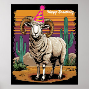 Desert big horn sheep & cactus cartoon neon hat poster
