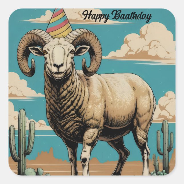 Desert big horn sheep desert clouds cartoon square sticker (Front)