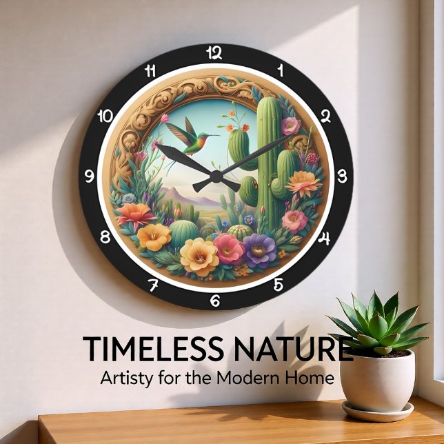 Desert Bloom Hummingbird Floral Large Clock (Creator Uploaded)