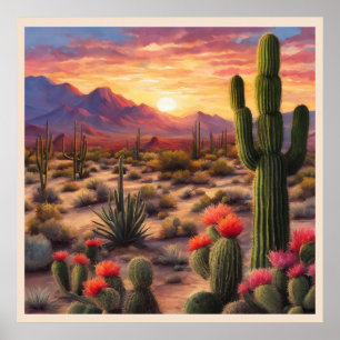 Desert Blooming Cactus Colorful Sunrise Art Poster