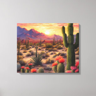 Desert Blooming Cactus Colourful Sunrise Art Canvas Print