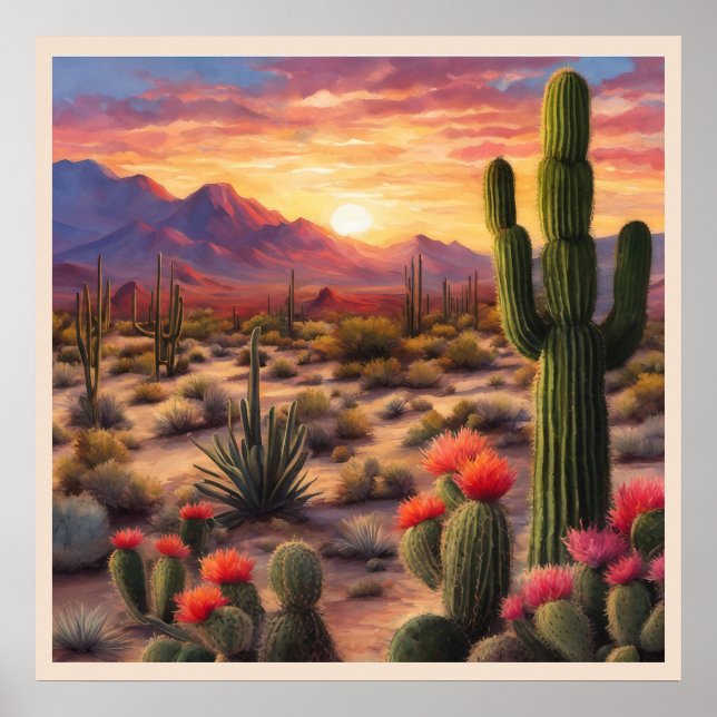 Desert Blooming Cactus Colourful Sunrise Art Poster (Front)