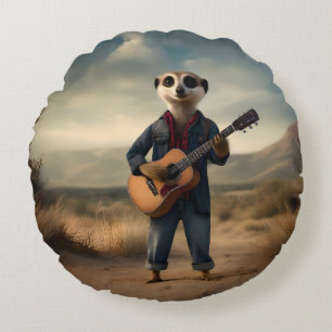 Desert Blues: A Meerkat’s Denim Guitar Jam, Round Cushion