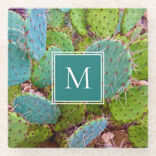 Desert Botanical Cactus Monogram Glass Coaster (Front)