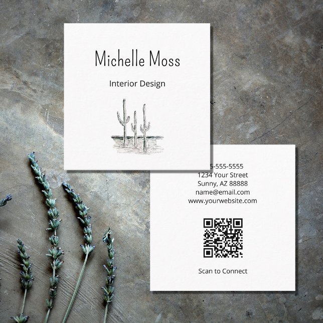 Desert Botanical Cactus QR code Minimalist  Square Business Card (Creator Uploaded)