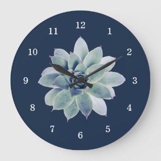 Desert Botanical Succulent Elegant Navy Blue Large Clock