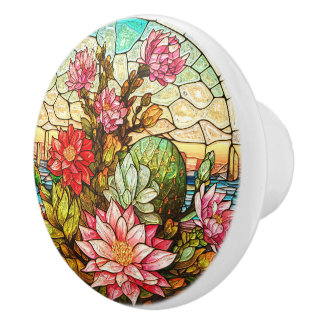 Desert Cacti Pink Flowers Faux Stained Glass Ceramic Knob