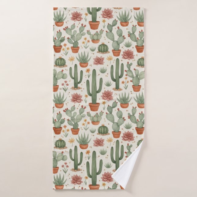 Desert Cacti Succulent Seamless Pattern Bath Towel (Bath Towel)