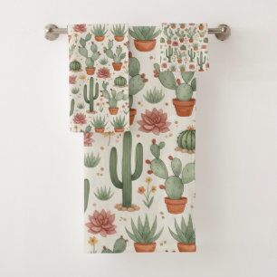 Desert Cacti Succulent Seamless Pattern Bath Towel Set