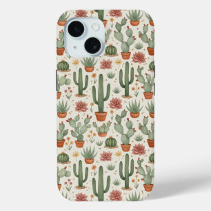 Desert Cacti Succulent Seamless Pattern iPhone 15 Case