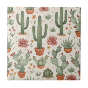 Desert Cacti Succulent Seamless Pattern Ceramic Tile