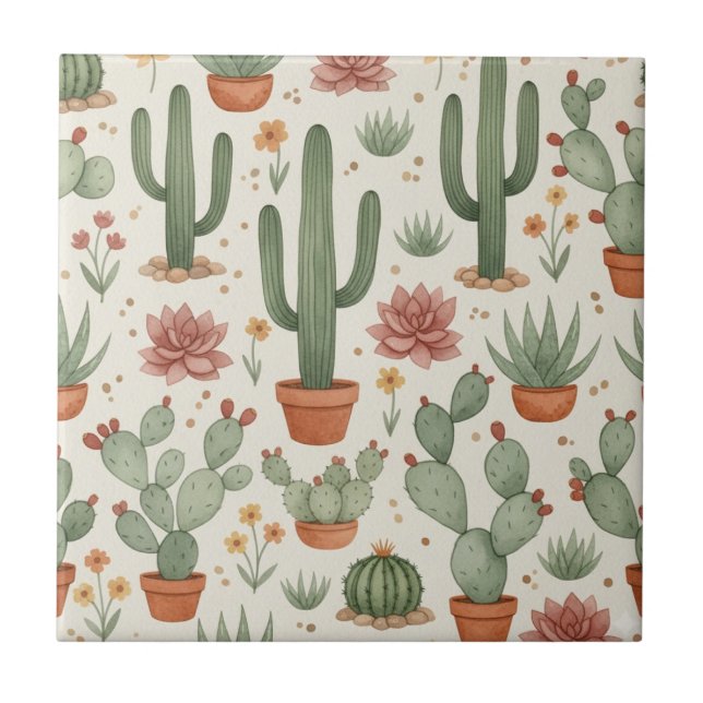 Desert Cacti Succulent Seamless Pattern Ceramic Tile (Front)