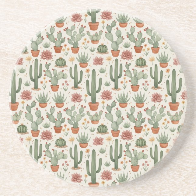 Desert Cacti Succulent Seamless Pattern Coaster (Front)